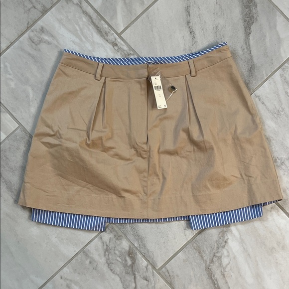 Anthropologie Khaki Mini Skirt with Blue and White Stripe Longer Pockets NWT - Picture 1 of 4